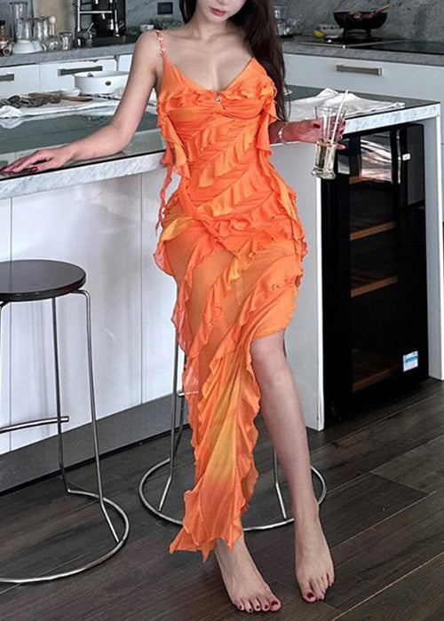 Orange Asymmetrical Ruffled Tulle Spaghetti Strap Dress Sleeveless