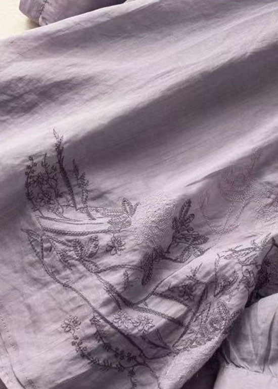 Purple Embroidered Patchwork Linen T Shirt Top Summer