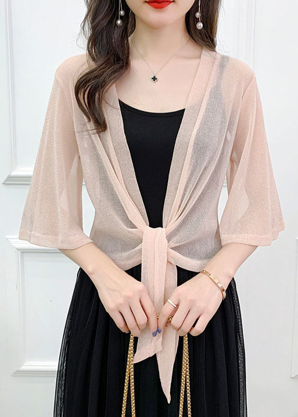 Pink Bright Silk Lace Up Tulle Cardigan Summer