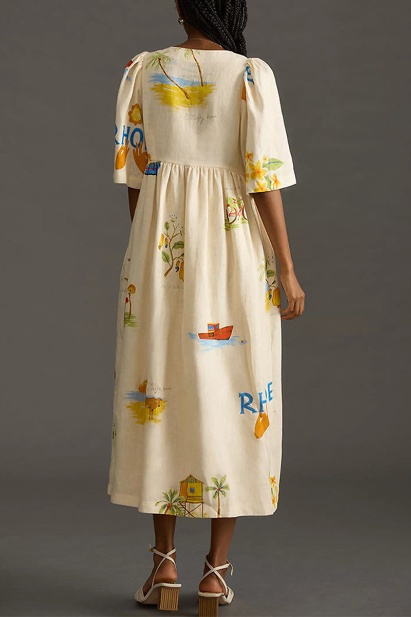 Character Print Buttons V Neck a Line Dresses