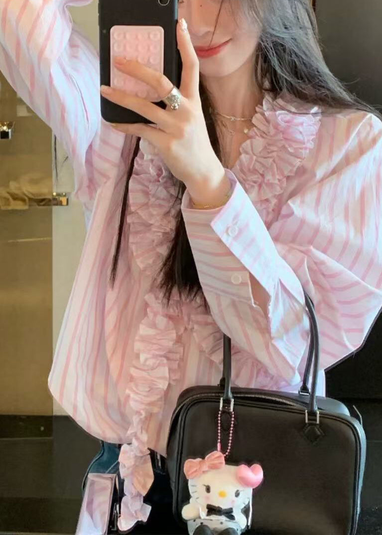 Pink V Neck Ruffled Striped Shirts Spring