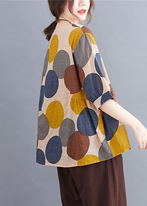 Coffee O Neck Print Patchwork Cotton T Shirts Summer