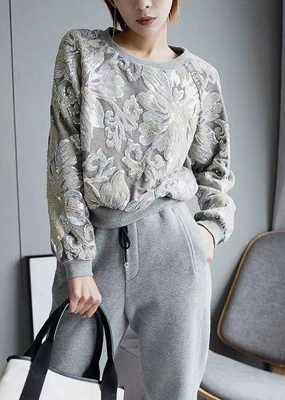 Handmade Grey O-neck Embroideried Sequins Velour Sweatshirt Fall