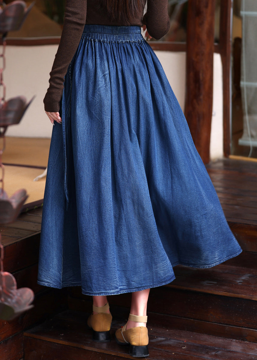 Blue Patchwork Embroidered Tassel Elastic Waist a Line Denim Skirt