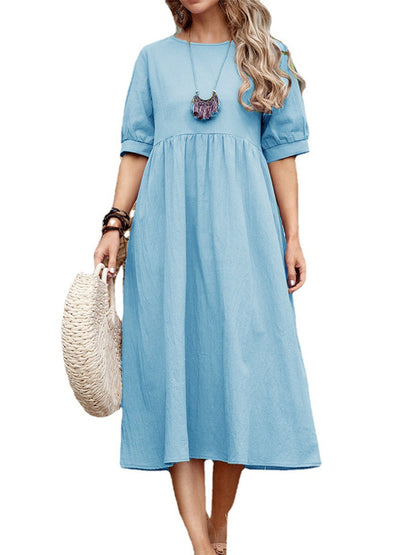 High Waist Round Neck Color Loose Waist Mid-length Skirt Cotton Linen Dress A-line Dress