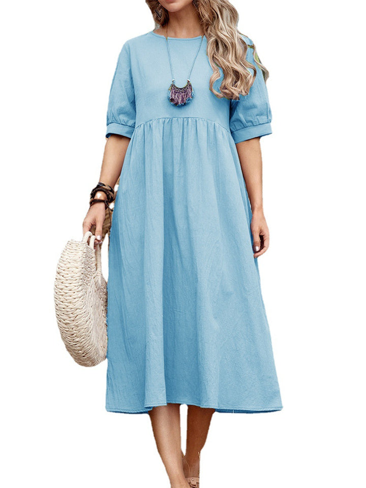 High Waist Round Neck Color Loose Waist Mid-length Skirt Cotton Linen Dress A-line Dress
