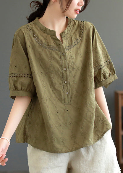 Dark Green Hollow Out Embroidered Cotton T Shirt Top