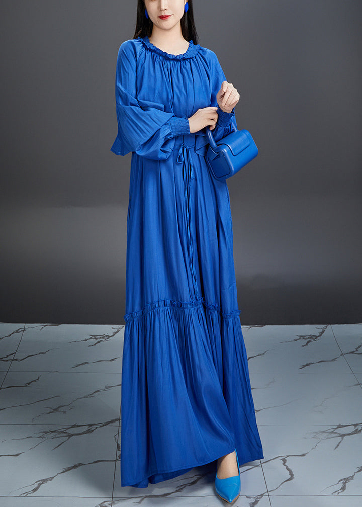 Blue Ruffled Tie Waist Cotton Maxi Dress Fall