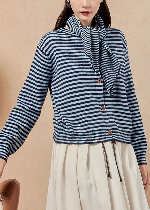 Blue Scarf Striped Button Knit Sweater Winter