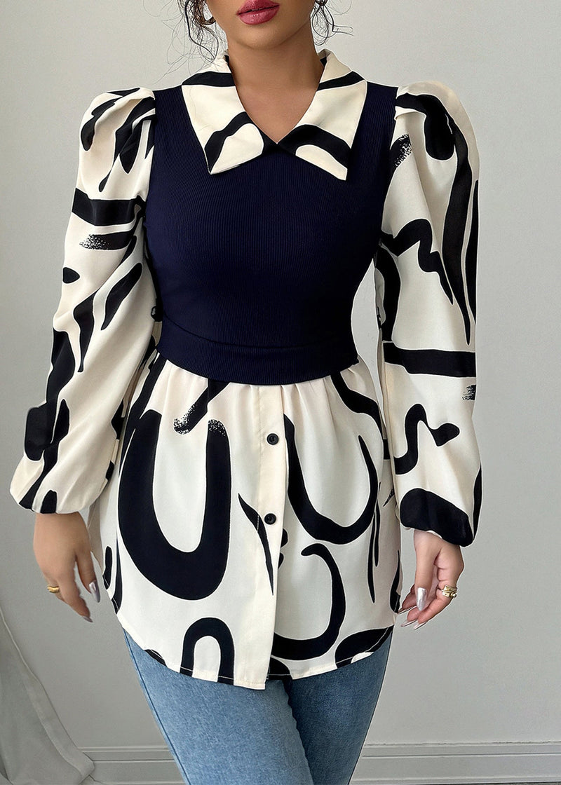 New Black Peter Pan Collar Knit Patchwork Chiffon Shirts Long Sleeve