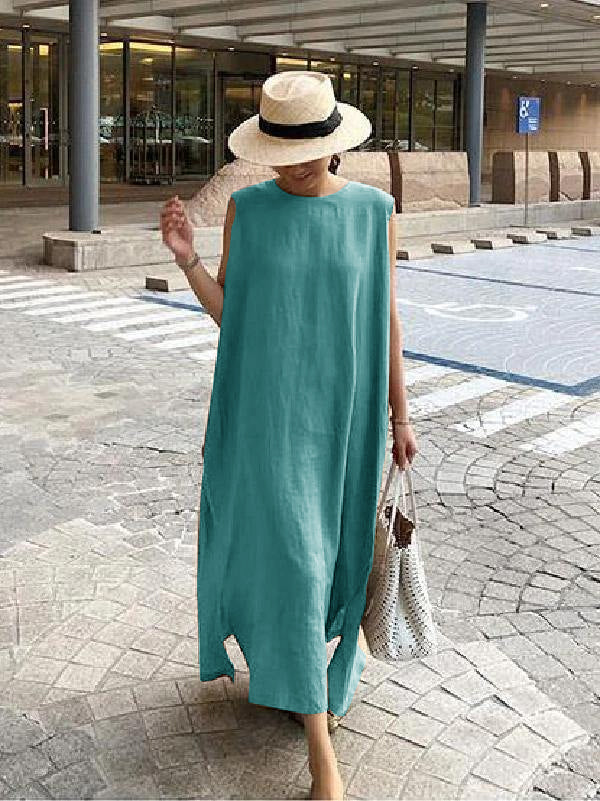 O Neck Side Open Linen Cotton Clothes Fabrics Khaki Dress