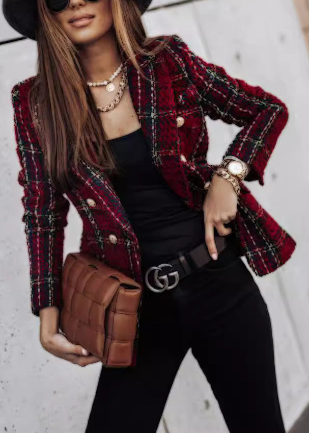 Style Mulberry Peter Pan Collar Plaid Slim Fit Cotton Short Coat Fall
