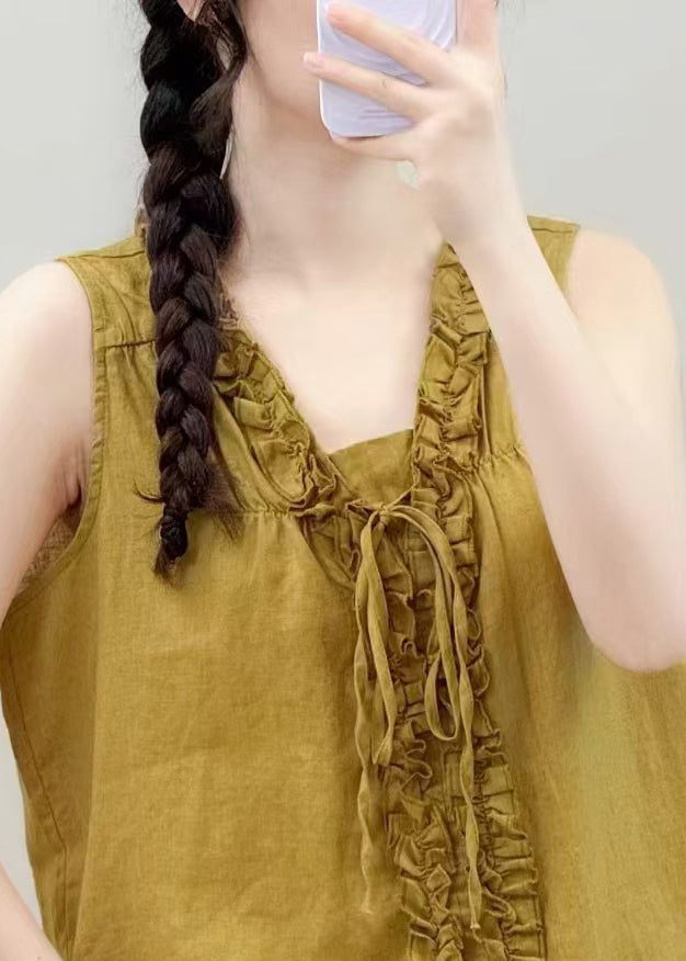 Yellow Ruffled Linen Shirt Tops Sleeveless