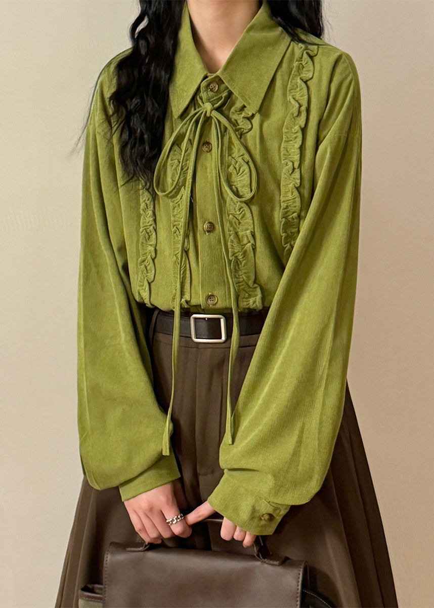 Green Ruffled Lace Up Cotton Shirt Top Spring