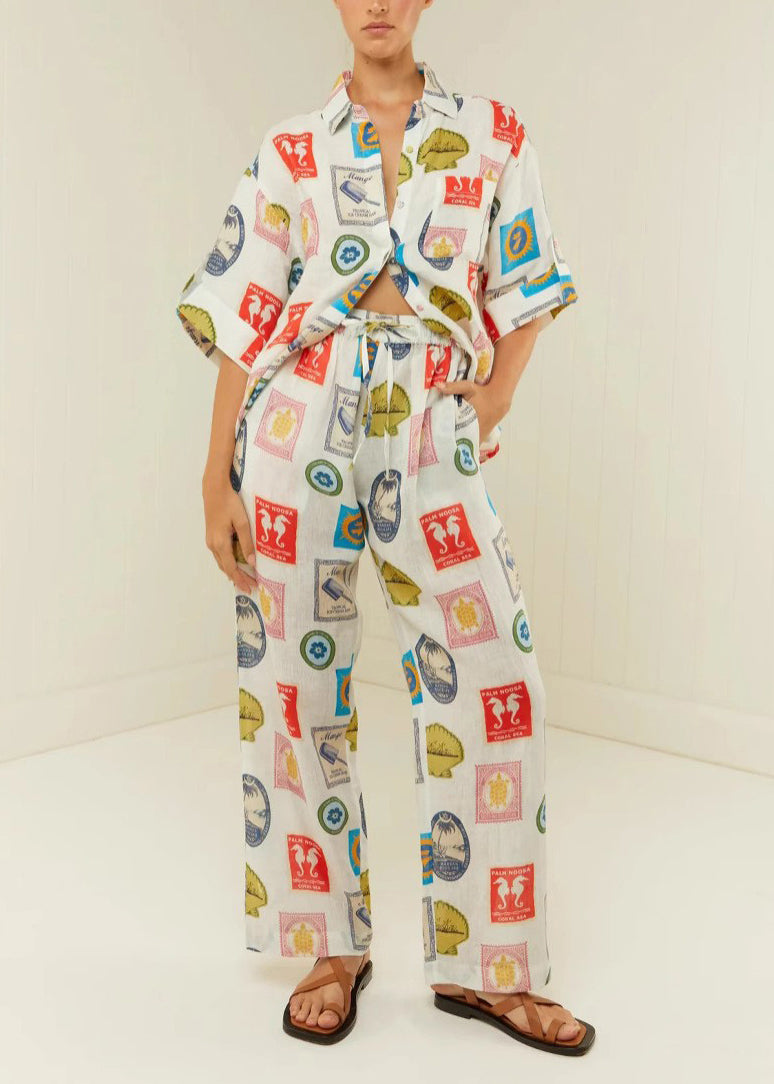 Peter Pan Collar Print Tops and Pants Two Piece Set Outfits Summer