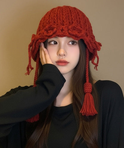 New Red Flower Warm Versatile Tassel Knitted Hat