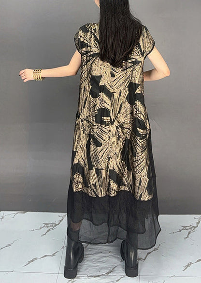 Gold Stand Collar Print Patchwork Cottondresses Summer