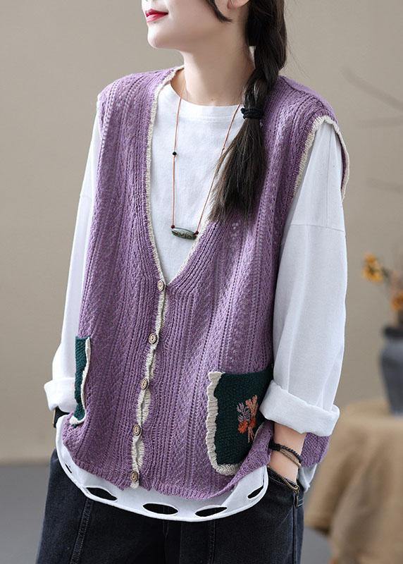 Style Khaki Embroidered Pockets Fall Shirt Knit Vest Sleeveless