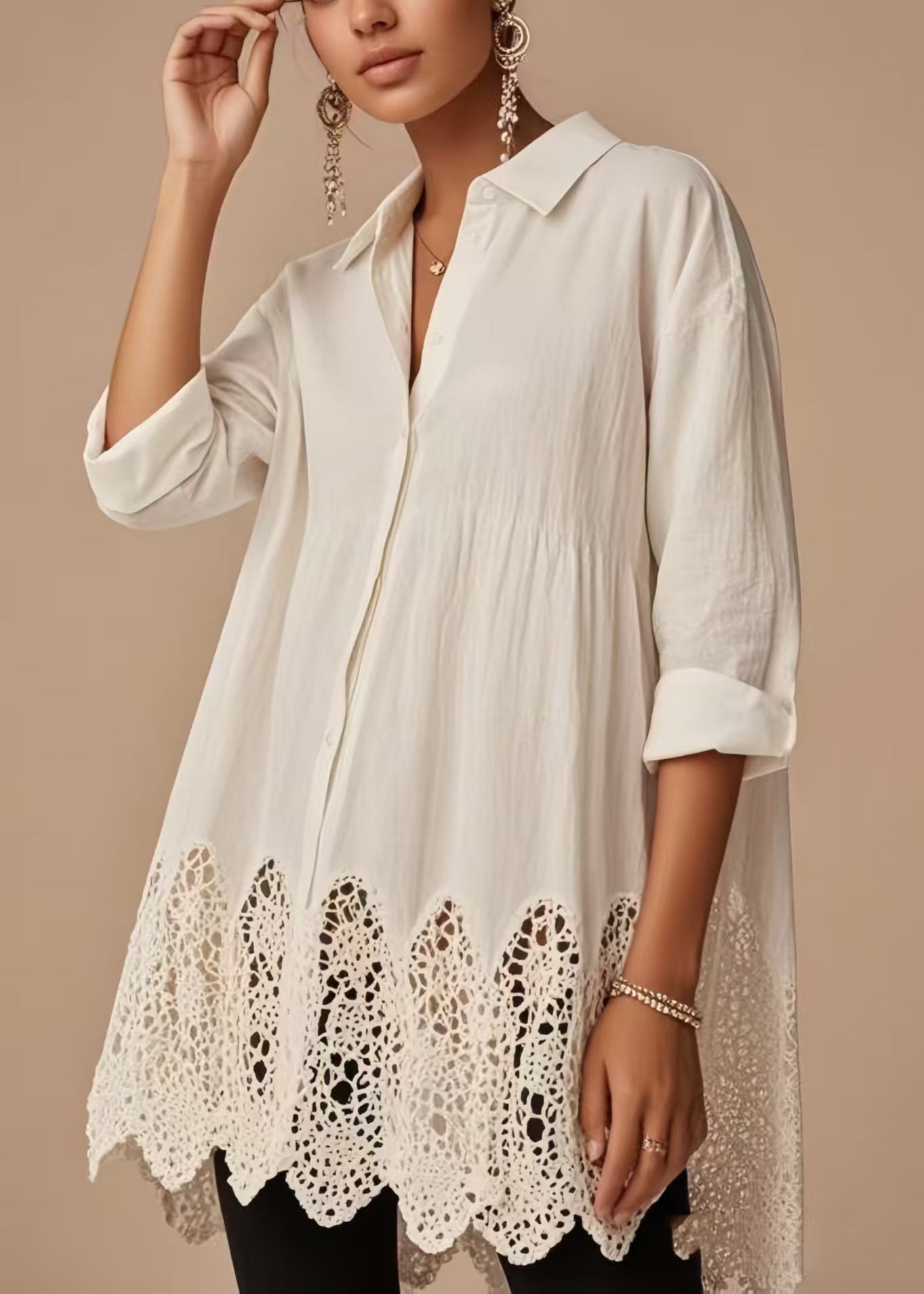 White Oversized Hollow Out Cotton Long Top Spring