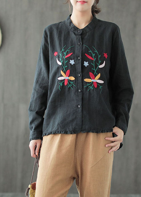 Boutique Black Stand Collar Embroidered Ruffled Low High Design Linen Shirt Long Sleeve