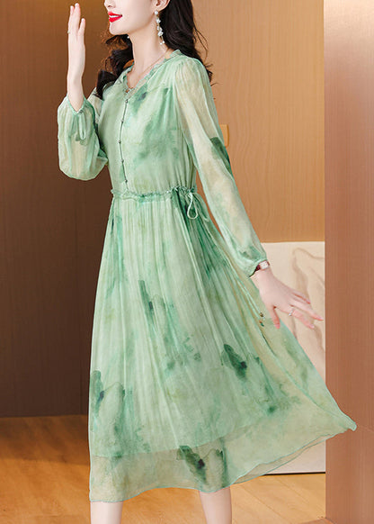 Green Ruffled Print Lace Up Chiffon Dress Summer