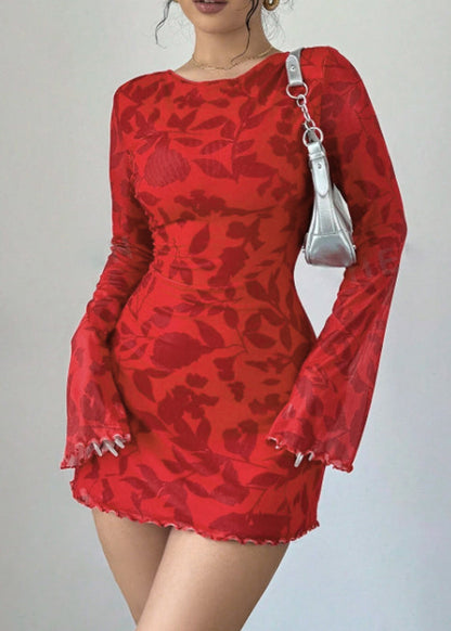 Red Backless Print Lace Up Cotton Dresses Flare Sleeve