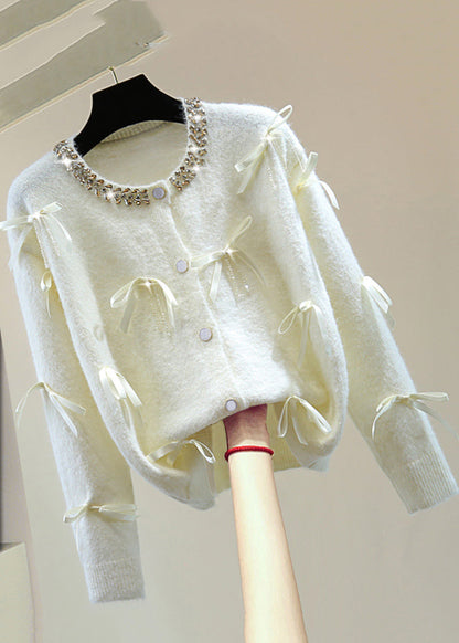 Italian Pink O-neck Zippered Bow Cotton Knit Sweaters Winter