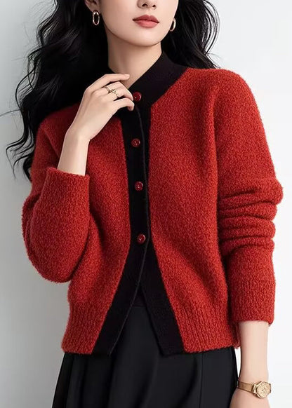 Brown Stand Collar Button Patchwork Knit Cardigans Spring