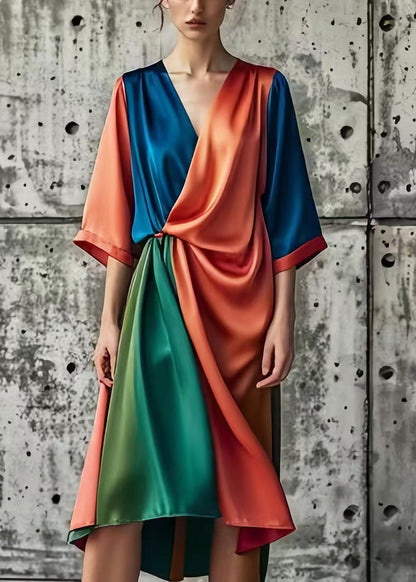 Brick Red Asymmetrical Patchwork Silk Holiday Dress Summer