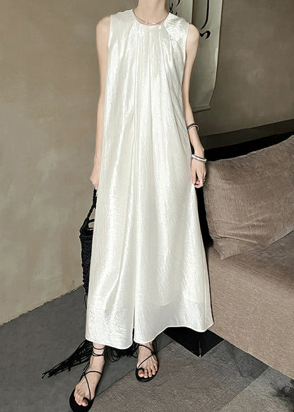 French Beige O Neck Silk Long Dresses Sleeveless