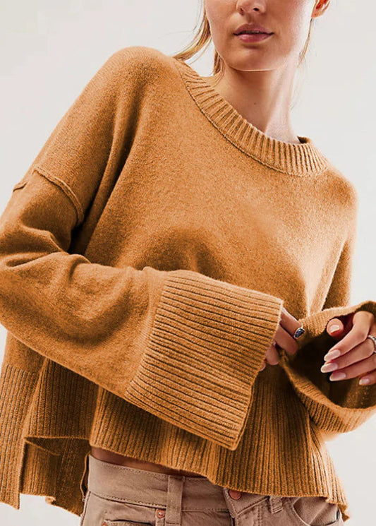 Brown O Neck Knit Short Sweaters Flare Sleeve