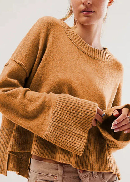 Brown O Neck Knit Short Sweaters Flare Sleeve