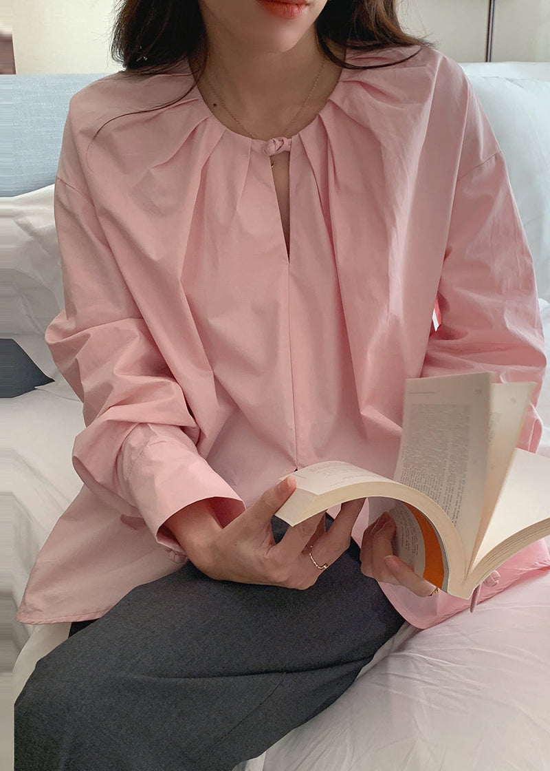 Pink O-neck Chinese Button Cotton Shirt Top Spring