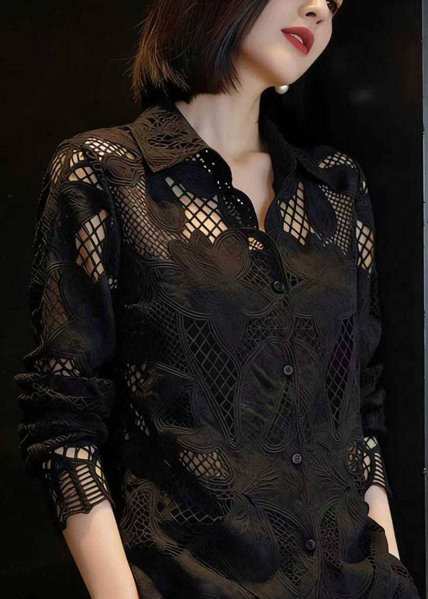 Black Hollow Out Lace Shirt Long Sleeve