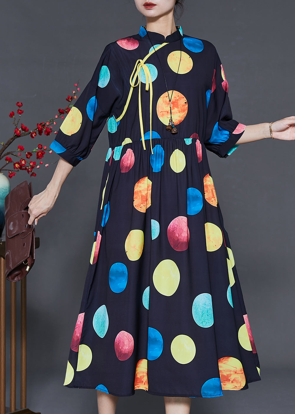 French Rainbow Print Mandarin Collar Silk Dress Summer