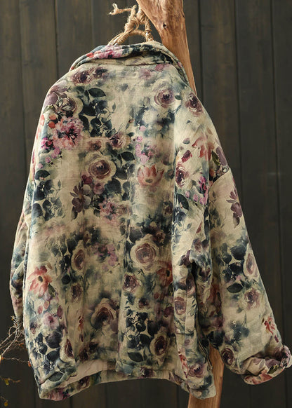 Khaki Peter Pan Collar Print Fine Cotton Filled Jacket Spring