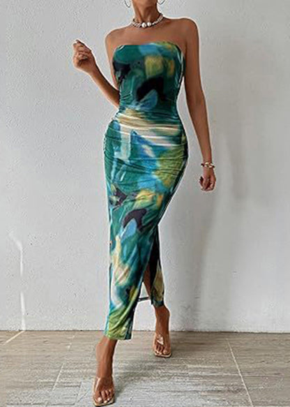 Slim Fit Pink Print Side Open Cotton Strapless Dresses Summer