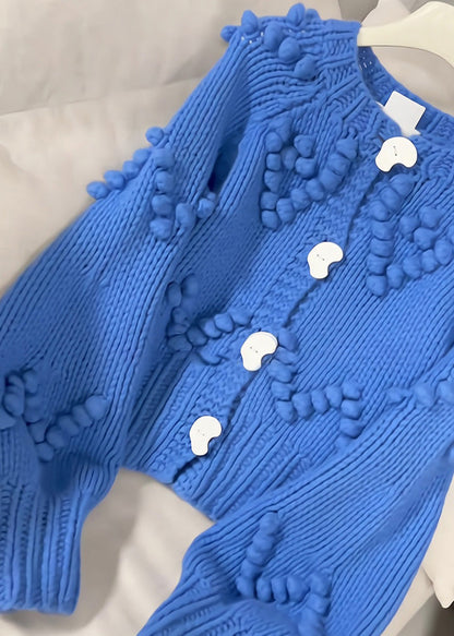 Blue O-neck Button Cotton Knit Cardigan Fall