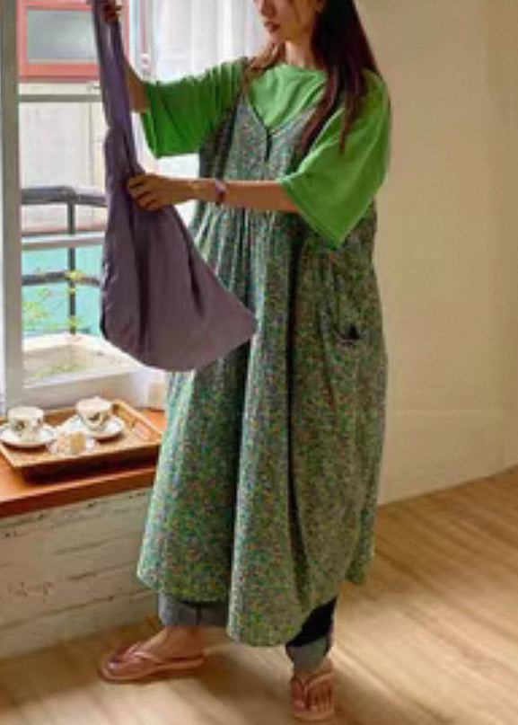 Green V Neck Print Pockets Cotton Tank Dress Sleeveless