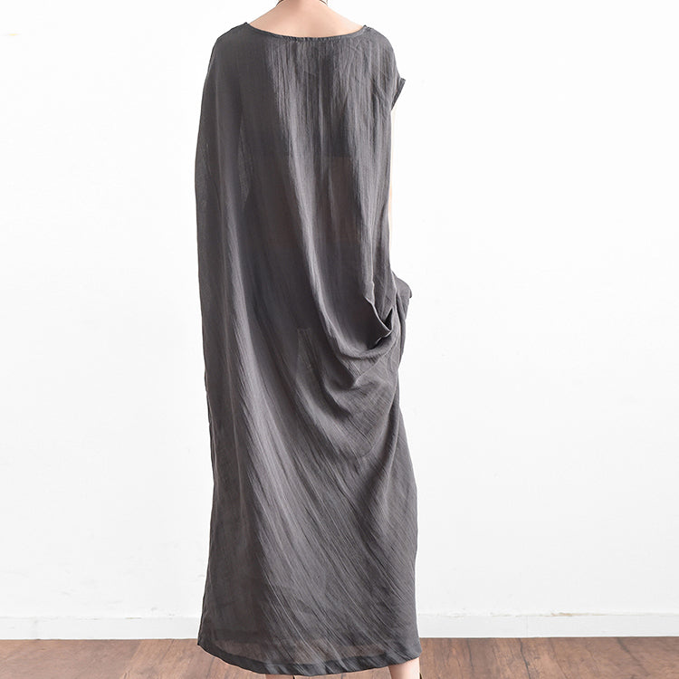 Gray Oversized Summer Linen Dresses Side Drape Asymmetrical Cotton