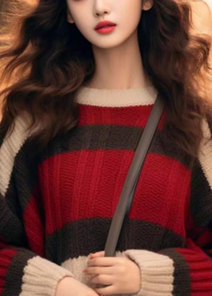 Red Striped Cozy Patchwork Knit Sweater Winter