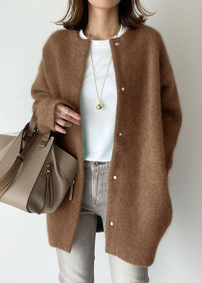 Loose Coffee O Neck Button Woolen Coat Spring