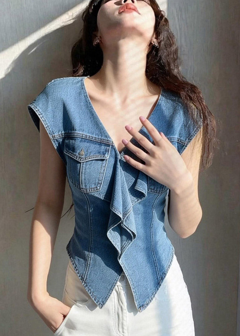 French Denim Blue Ruffled Patchwork Top Short Sleeve