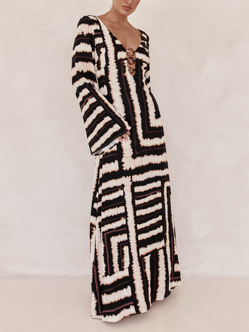 V-neckline Unique Printed V Tie Ring Maxi Dress