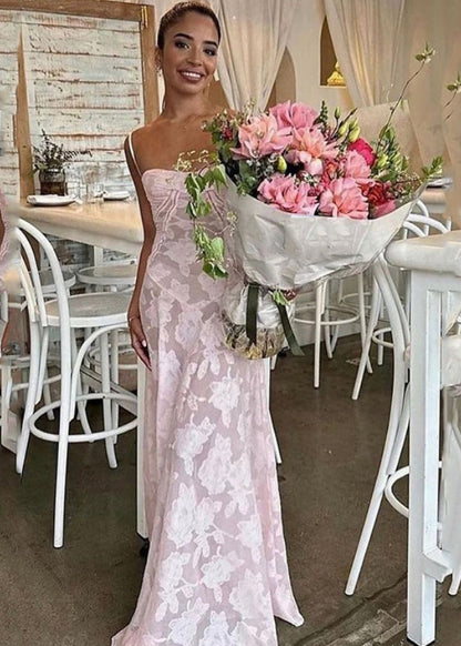 Jacquard Pink Sheer Lace Long Spaghetti Strap Dress Summer