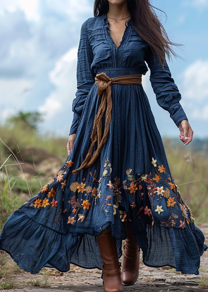 Pastoral Blue Print Wrinkled Patchwork Cotton Ankle Dress Spring