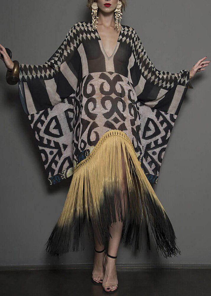 Novelty White V Neck Asymmetrical Print Tassel Patchwork Long Dress Long Sleeve