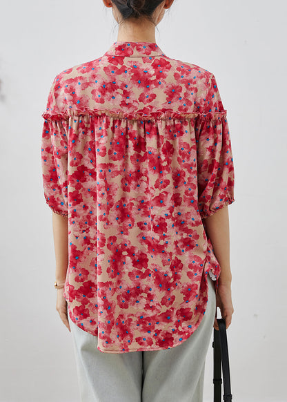Pink Ruffled Print Chiffon Shirts Summer