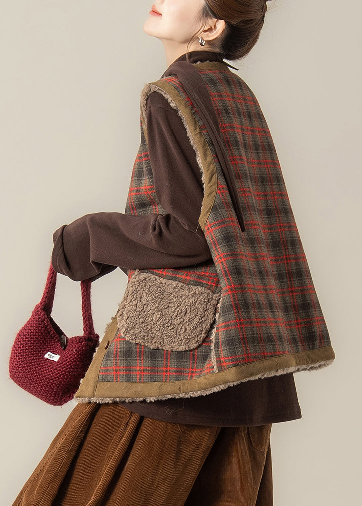 Red Plaid Patchwork Wear on Both Sides Thick Faux Fur Waistcoat Sleeveless