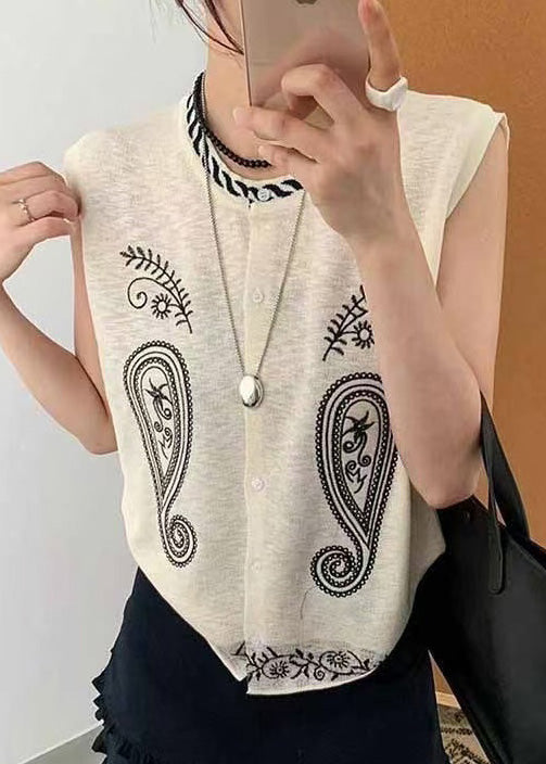 Diy White Embroideried Knit Tanks Sleeveless